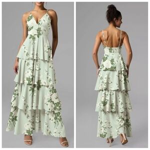 AW Bridal Lachlan Satin Charmeuse Tiered Dress | US 6 | Mottled Moss Green | NWO